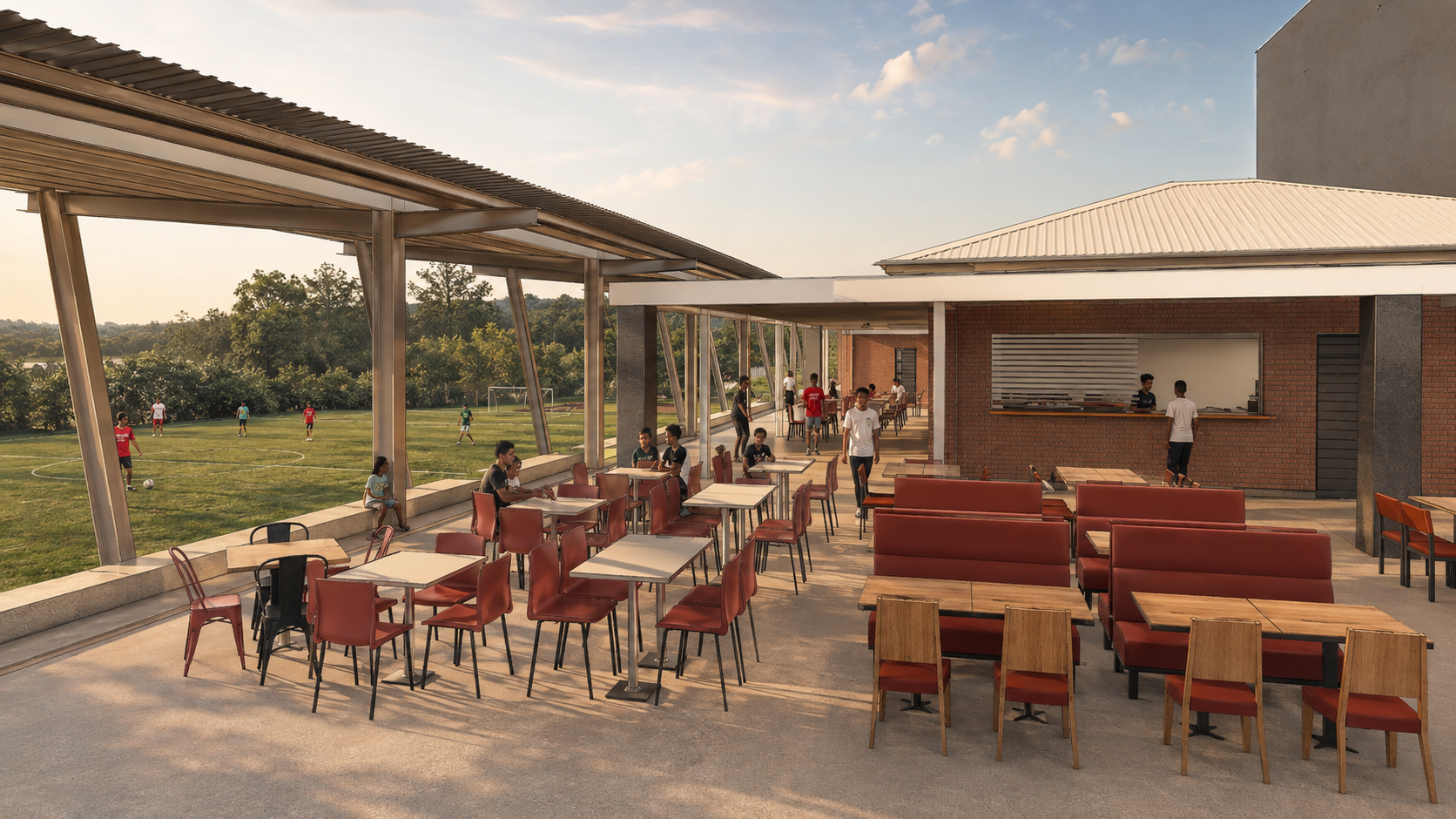 Canteen and covered dining terrace overlooking the playing fields.