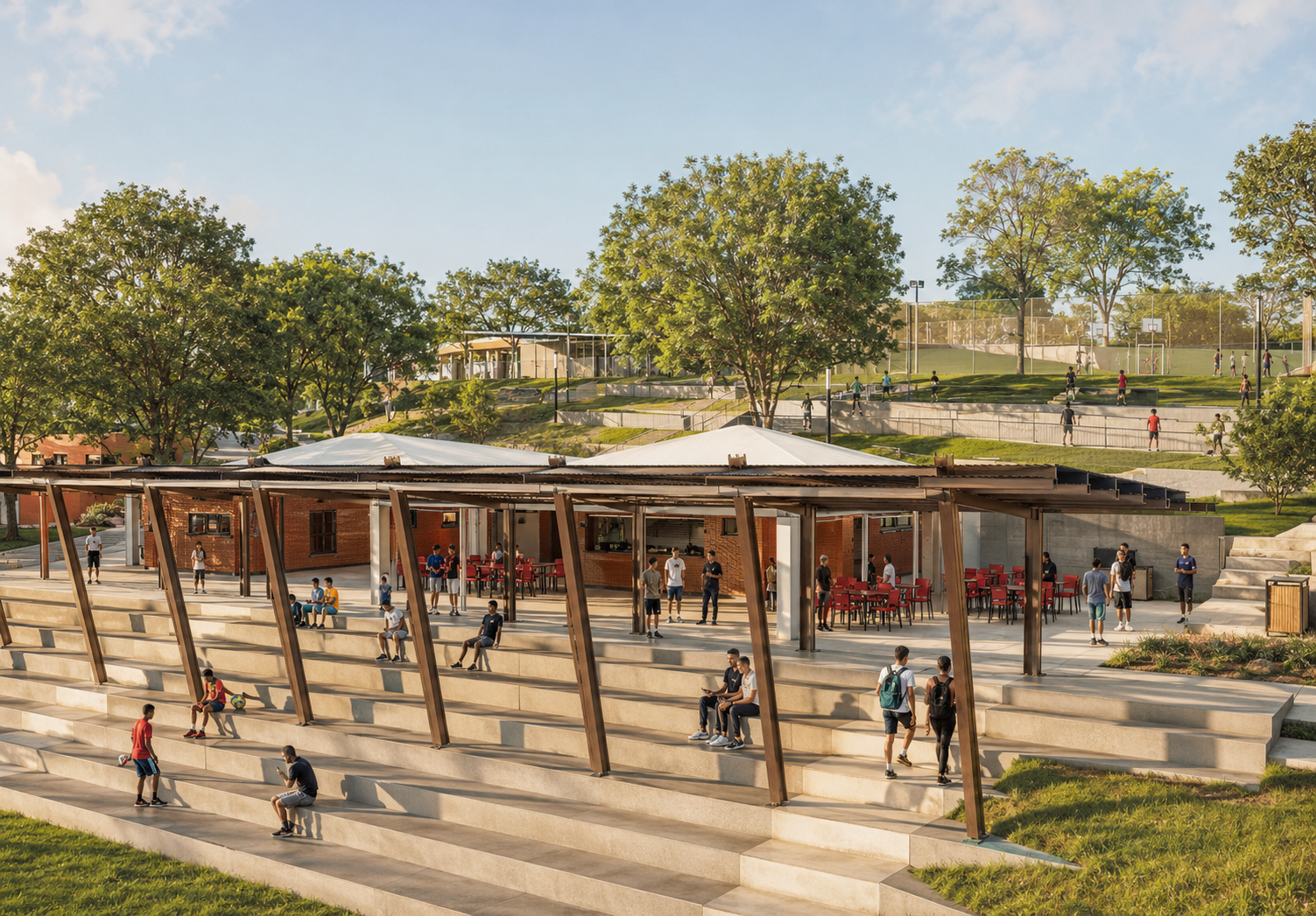 Sheltered gathering space with tensile canopies, opening onto the terraced landscape.