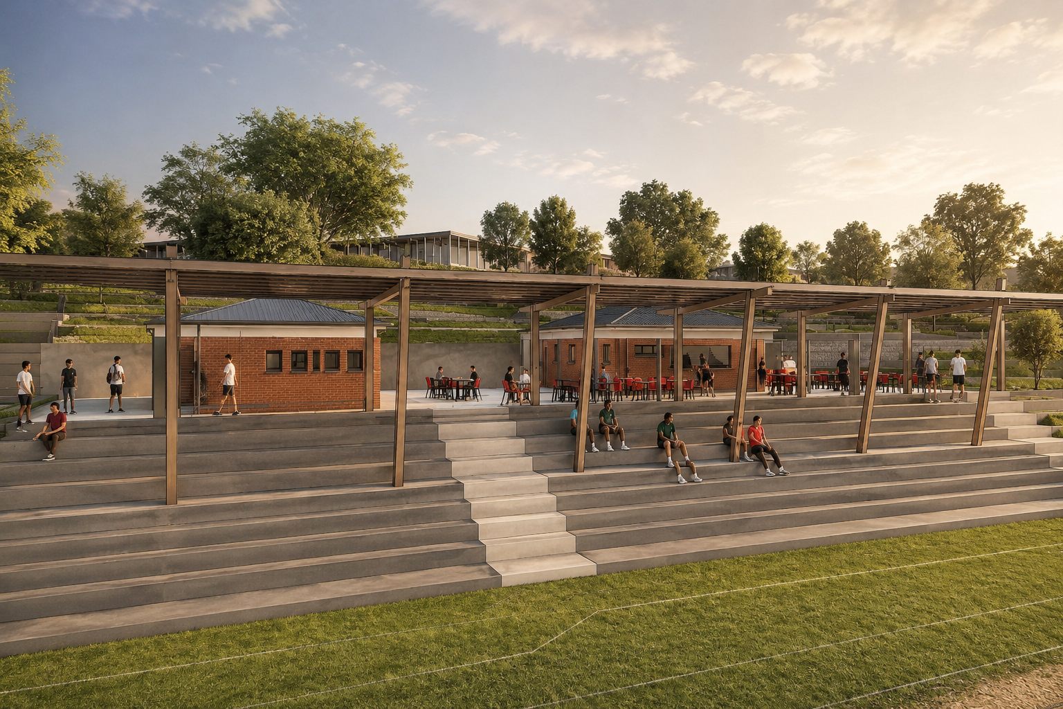 Covered grandstand — concrete terraces sheltered by a timber-and-steel pergola.