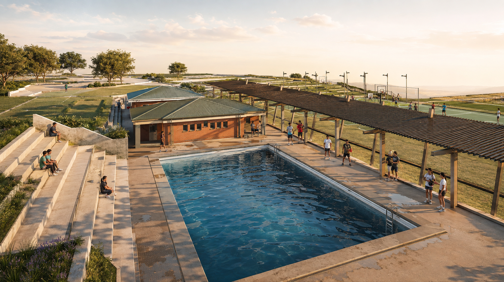Aquatic centre with poolside grandstand and a pergola walkway linking back to the sports fields.