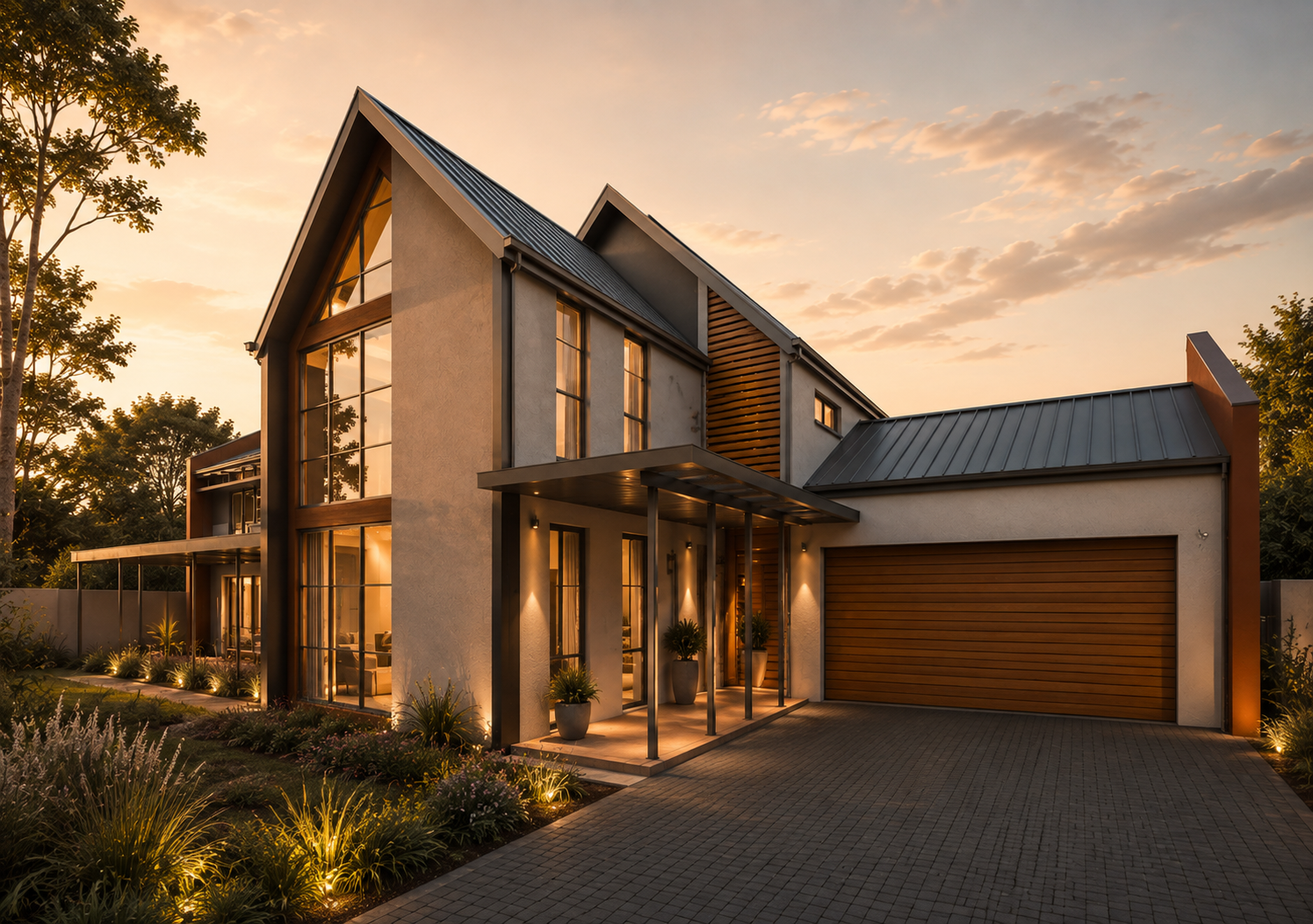 Entry approach with covered porch, timber battens and the double garage.