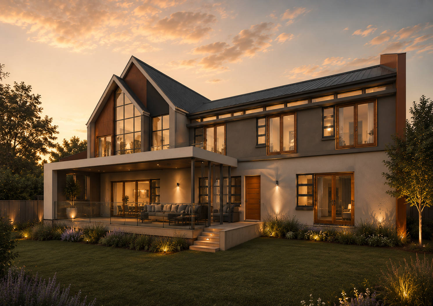 Garden elevation — the double-height glazed gable opens onto the covered patio and lawn.