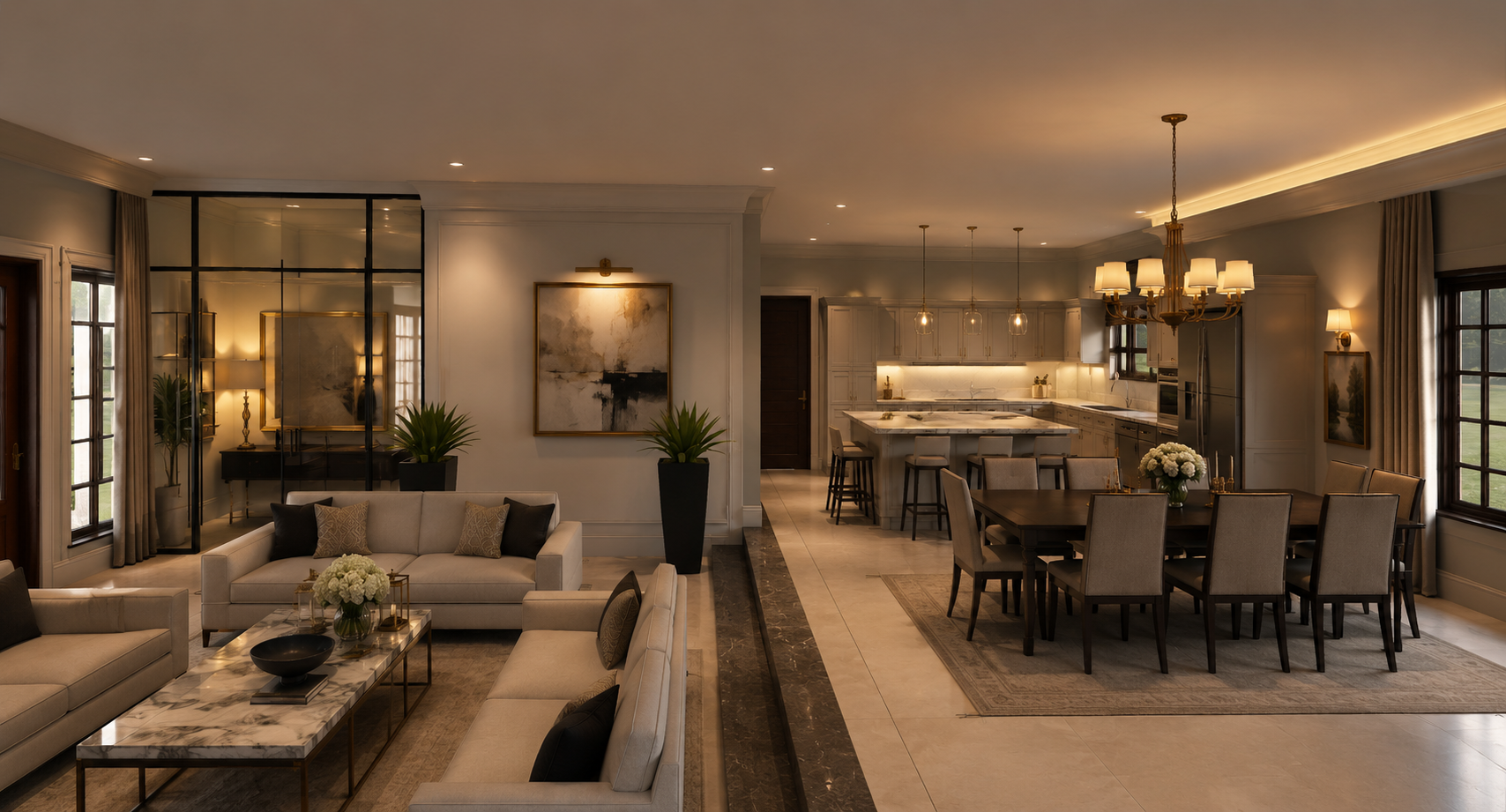 Kitchen, dining and family spaces